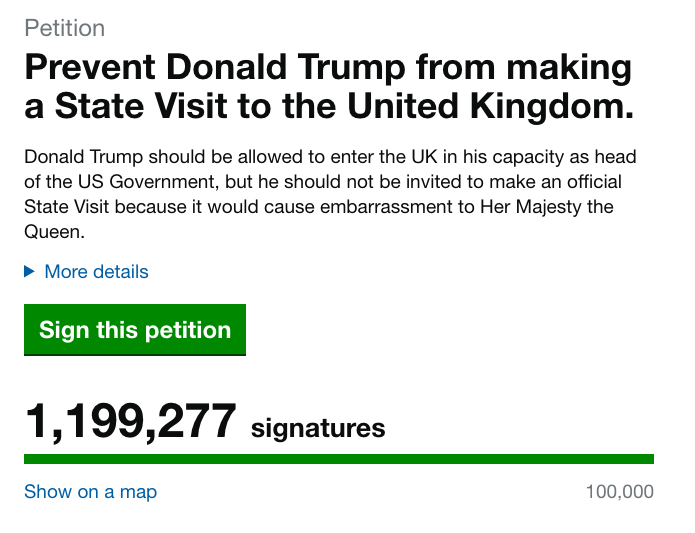 Petition to bar Trump from meeting the Queen passes 1 million landmark